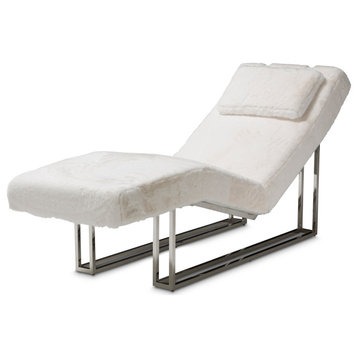 Astro Faux-Fur Chaise Lounge Chair, Moonstone White/Stainless Steel