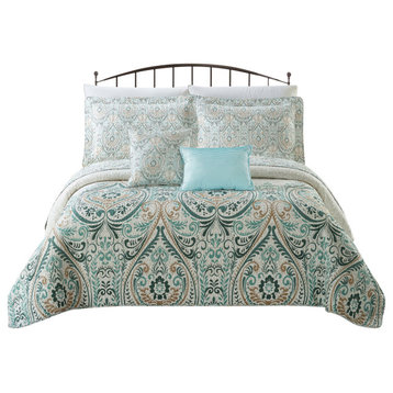 Damask 5 Piece Reversible Quilt Bed Spread Coverlet Set, Blue, Queen, 90"x90"