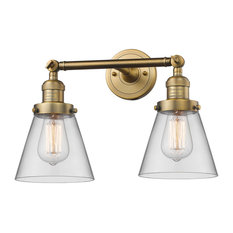 Small Cone 2-Light LED Bath Fixture, Brushed Brass, Glass: Clear