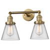 Small Cone 2-Light LED Bath Fixture, Brushed Brass, Glass: Clear