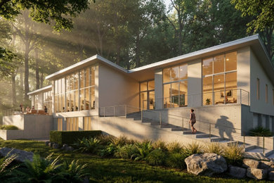 Example of a huge minimalist beige one-story stucco house exterior design with a shed roof, a metal roof and a gray roof