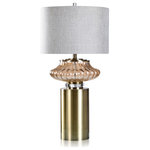 StyleCraft - Hepburn Table Lamp Gold Finish On Glass With Brass Metal Base Hardback Shade - Add an elegant touch to your home with the Hepburn Table Lamp by Harp and Finial, a chic option crafted in metal and glass. Decorative ribbed glass is contrasted by a sleek brass cylindrical base, creating dimension and interest to the eye. This distinctive table lamp is best placed in the living room, bedroom, or foyer.
