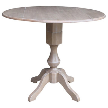 Counter Dining Table, Drop Leaves Top & Unique Carved Base, Washed Gray Taupe