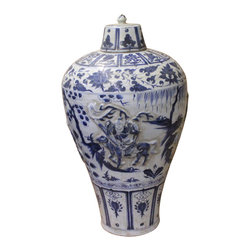 Handmade Ceramic Distressed Blue Off White Dimensional Pattern Vase Jar - Decorative Jars And Urns