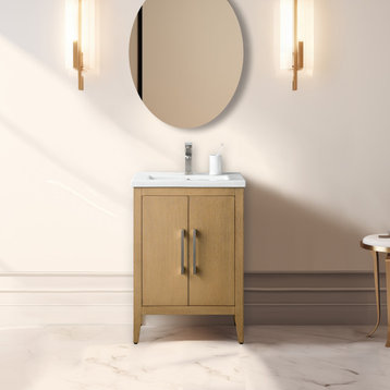 Vanity Art Bathroom Vanity Cabinet with Sink and Top, Natural Oak, 24", Brushed Nickel
