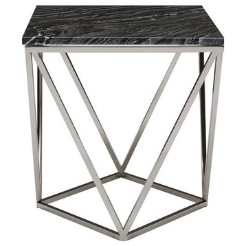 Jasmine Side Table,Black Wood Vein Marble, Polished Stainless