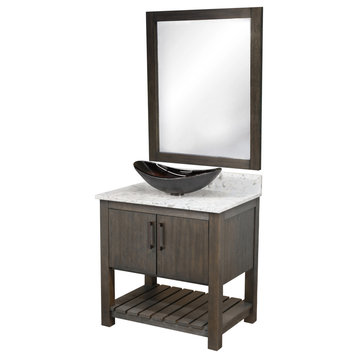 30" Vanity, Café Mocha Quartz Top, Sink, Drain, Mounting Ring, and P-Trap, Oil Rubbed Bronze, Mirror Included
