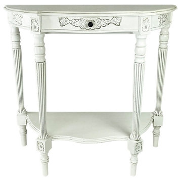 Floral vine console 34Wx14Dx32"H white wooden table with one drawer