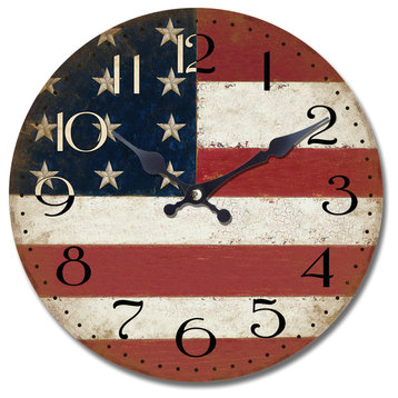 Yosemite Circular Wooden Wall Clock with American Flag Print in Multi-Color