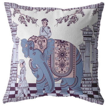 26" Blue Purple Ornate Elephant Indoor Outdoor Throw Pillow