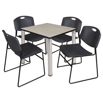 Kee 30" Square Breakroom Table, Maple/ Chrome and 4 Zeng Stack Chairs, Black
