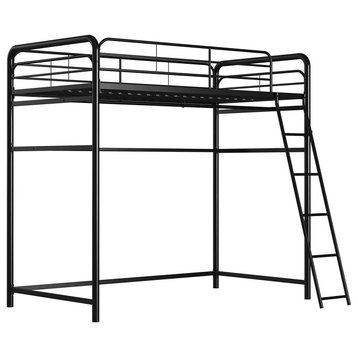 Modern Industrial Loft Bed, Black Metal Construction With Side Ladder, Twin Size