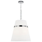 Dainolite - 18" Contemporary Modern Pendant Light With Tapered Drum Shade, Polished Chrome - 18" Polished Chrome Symphony Pendant with White Shade. This 3 light LED compatible is recommended for the ceiling in a Kitchen. It requires 3 incandescent bulbs, is covered by a 1 Year Warranty and is suitable for either a residental or commercial space.