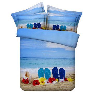 3D Blue and Brown Beach Days, 4-Piece Duvet Cover Set, Full