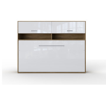 Contempo Horizontal Wall Bed, European Queen Size with a cabinet on top, Oak Country/White