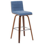 Armen Living - Vienna Swivel Bar Height Stool With Vintage Blue and Walnut - Elevate your kitchen, bar, or dining area with the Vienna Swivel Stool Collection ' a modern essential that combines mid-century charm with functional comfort. Designed for daily use and entertaining alike, Vienna's 360-degree swivel and armless frame provide effortless movement and easy conversation flow. The gently curved backrest supports posture alignment while keeping the profile sleek and space-saving. The Vienna stool is built on a strong wood frame with four splayed legs and a square steel footrest for added durability and a clean, modern edge. The seat and backrest are generously padded with high-density foam and finished in your choice of smooth vegan leather or performance fabric for elevated comfort and easy maintenance. Originally offered in a walnut finish with cream, brown, or gray vegan leather, and a black brushed finish with gray vegan leather, the collection now features even more design-forward combinations. Explore updated variants including snow white vegan leather with walnut, black brushed, or patterned oak finishes; vintage-inspired blue, green, and black tones paired with walnut finish frames; and bold red or soft gray performance fabrics on brushed or patterned wood finishes. Available in both counter height and bar height, Vienna offers a versatile range of styles to suit your space. With its timeless look and enduring quality, this collection brings warmth, elegance, and comfort to any interior.