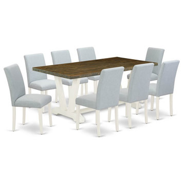 East West Furniture V-Style 9-piece Wood Dining Set in Linen White/Jacobean