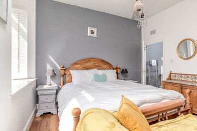 Photo of a mid-sized traditional master bedroom in Other with grey walls and medium hardwood floors.