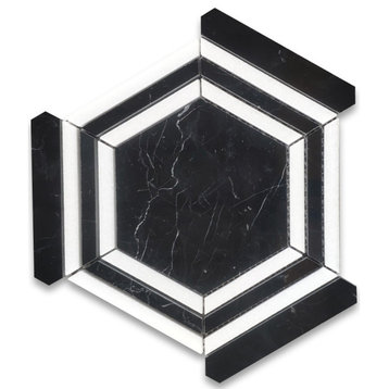 Nero Marquina Thassos Marble Hexagon Georama Geometric Tile Polished, 1 sheet