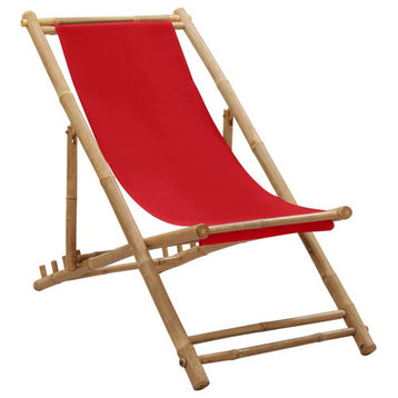 vidaXL Deck Chair Patio Sling Chair for Balcony Deck Porch Bamboo and Canvas Red