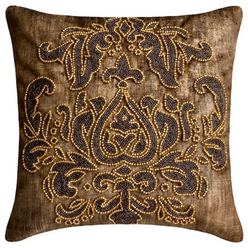 Brown Suede Foil & Beaded 18"x18" Throw Pillow Cover - Aureate Brown