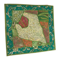 Mogul Interior - Green Floor Pillow Shams Vintage Patchwork Embroidered Zari Sequin Cushion Cover - Decorative Pillows