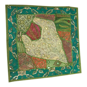Mogul Interior - Green Floor Pillow Shams Vintage Patchwork Embroidered Zari Sequin Cushion Cover - Decorative Pillows
