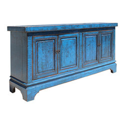 Chinese Distressed Bright Blue Finish High Credenza Console Buffet Table - Buffets And Sideboards
