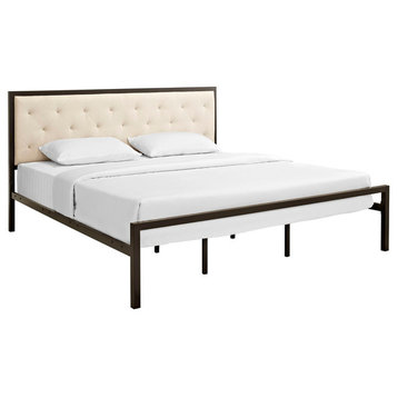 Modern Contemporary King Size Fabric Bed Frame, Beige Fabric