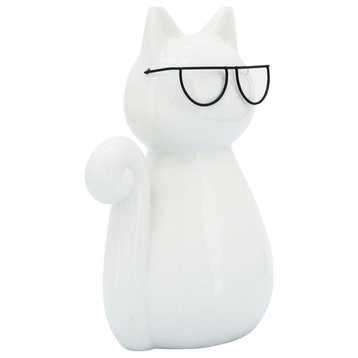 Porcelain, 7"H Cat With Glasses, White
