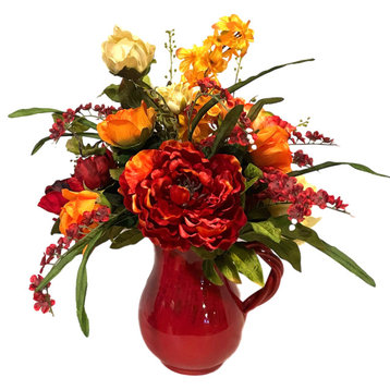 All Season Floral Arrangement Red Orange Peony Rose Hydrangea 17x14