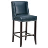 Wing Back Bar Stool, Blue Leather With Silver Nailhead, Bar Seat
