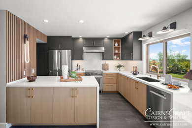Example of a mid-sized trendy l-shaped dark wood floor and gray floor kitchen design in San Diego with an undermount sink, flat-panel cabinets, medium tone wood cabinets, quartzite countertops, stone slab backsplash, stainless steel appliances, an island and white countertops