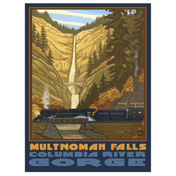 Paul A. Lanquist Multnomah Falls With Train Columbia Art Print, 9"x12"