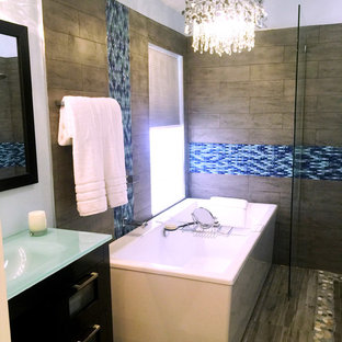 Bathroom - modern blue tile and glass sheet bathroom idea in Miami