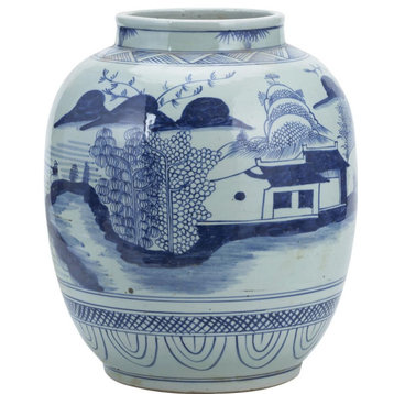 Jar Vase Mountain Village Landscape White Blue Ceramic Handmade Ha