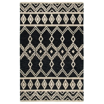 Contemporary Area Rug, Pure Wool With Abstract Ivory Geometric Pattern, Black