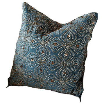 Lavish Beaded Velvet Petal Cross Throw Pillow, Ornate Blue Gray Gold Bronze