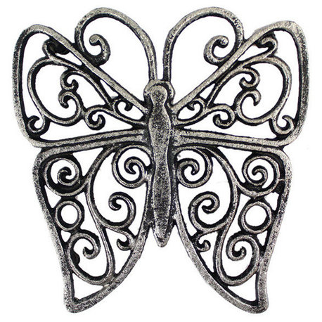 Rustic Silver Cast Iron Butterfly Trivet 8"