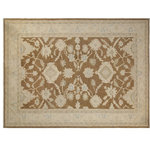 Bareens Designer Rugs - Shabby Chic Ziegler Leonore Brown Beige Hand-Knotted Wool Rug - 10'1'' x 13'11'' - Enhance the ambiance of your home with this magnificent Persian-influenced Turkish hand-knotted rug made by skilled artisans capable of creating the most exceptional vegetable dyes and hand-spun wool. This exquisite handmade rug is a one-of-a-kind Peshawar Kafkaz, otherwise identified as Chobi, Chobi Peshawar, Oushak, or Ziegler rug. These handmade rugs are crafted in Pakistan utilizing superior-quality wool imported from Australia, New Zealand, and Korea in two types of weaves: the Persian weave and the Mori weave. This rug is meticulously crafted by hand using the finest natural vegetable dyes extracted from local plants. The artisans use a blend of hand-spun local and fine merino wool, resulting in a rug with a compelling texture, higher lanolin content, and longer staple. The artisans occasionally incorporate natural or artificial silk into the pile to enhance specific motifs. The finished product is an awe-inspiring execution of flawless design and an understated palette that exudes elegance.