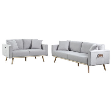 Easton Linen Sofa Loveseat Set With USB Charging Ports, Light Gray