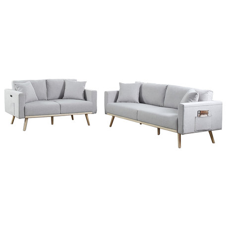 Easton Linen Sofa Loveseat Set With USB Charging Ports, Light Gray