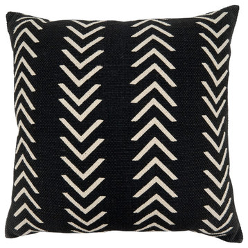 Cotton Pillow With Mudcloth Chevron Design, Black, 22", Cover Only