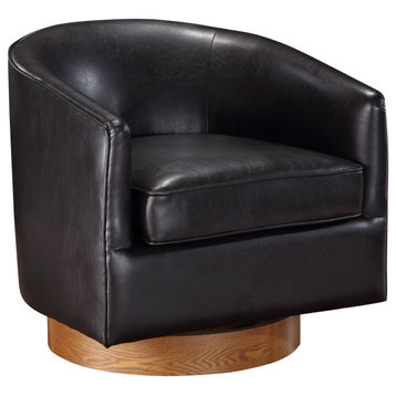 Irving Faux Leather Wood Base Barrel Swivel Chair, Dark Brown