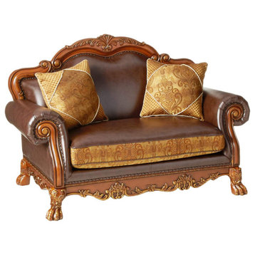 Cherry Oak Loveseat with 2 Pillows, Brown PU and Chenille