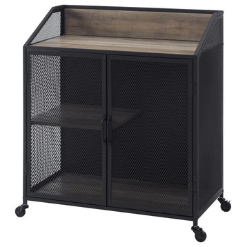 33" Urban Industrial Bar Cabinet Rolling Cart With Mesh Doors, Gray Wash