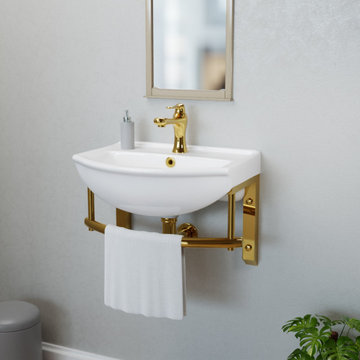 Small Wall Mounted Bathroom Sink White with Brass Faucet Drain Towel Bar and Ove