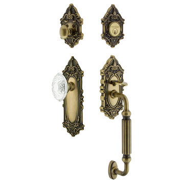 Victorian Plate F Grip Entry Set Crystal Victorian Knob, Antique Brass, 2.375"