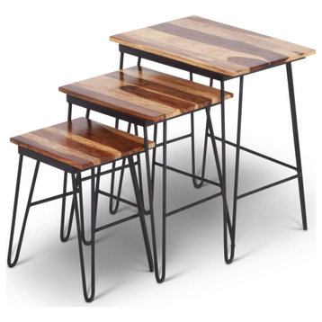 Set of 3 Nesting End Table, Black Painted Metal Base & Wood Grain Patterned Top