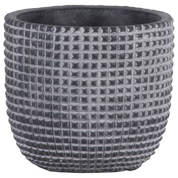 Cement Round Decorative Pot With Engraved Square Lattice Tapered Bottom, Small